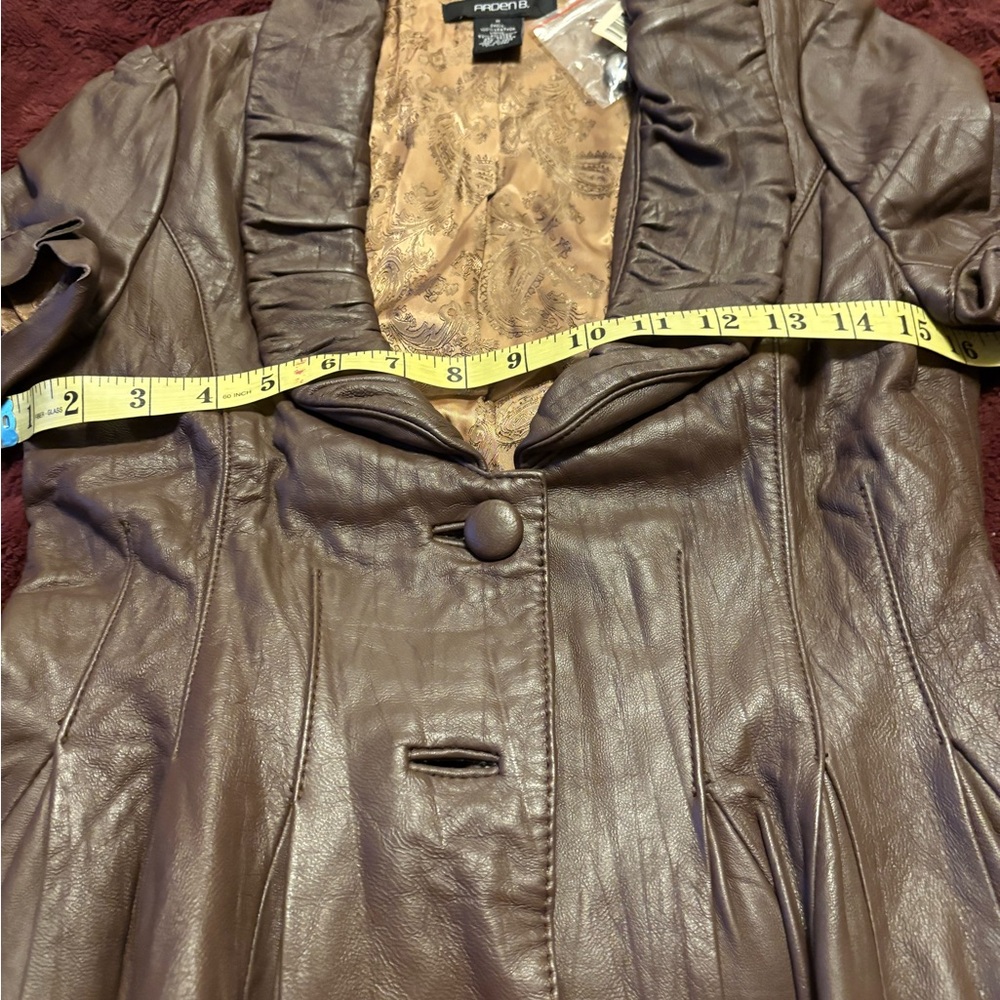 Arden B Brown Vintage Leather Fitted Waist Blazer Top with Ruffled Collar. - Picture 12 of 16